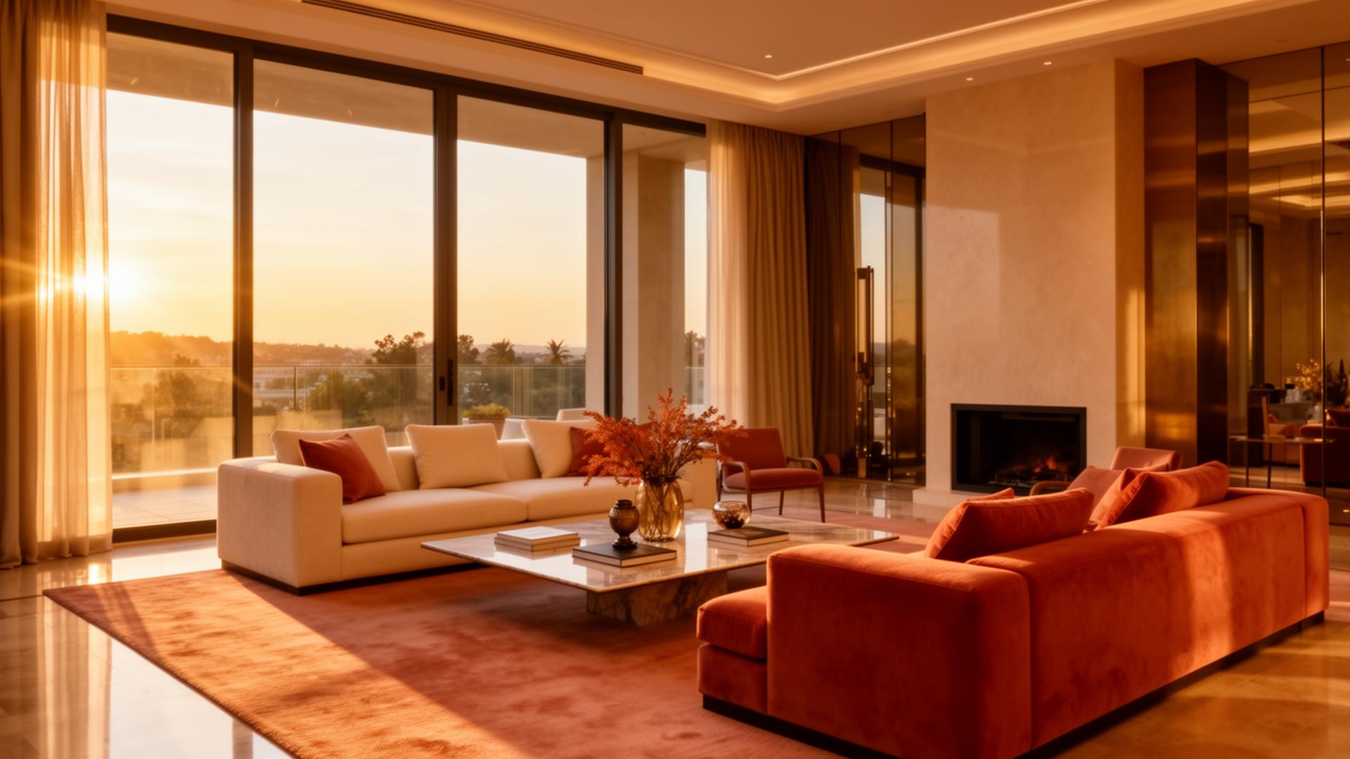 Luxury property interior at golden hour
